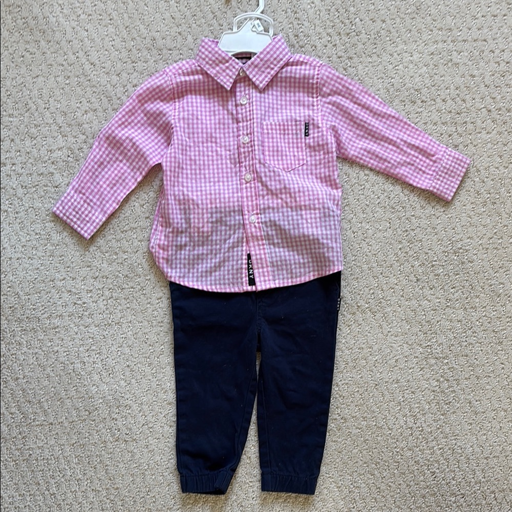 Baby DKNY Pink Gingham Shirt and Navy Pants Set, Size 12M